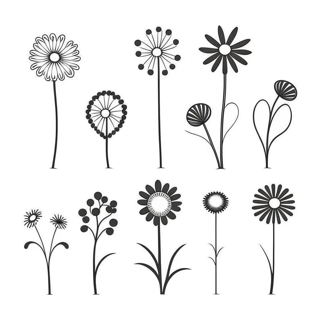 set of grow wind flower on the grace silhoutte, SIMPLE ONE lineS art, white background, minimalis, different view, only white bakcground solid.