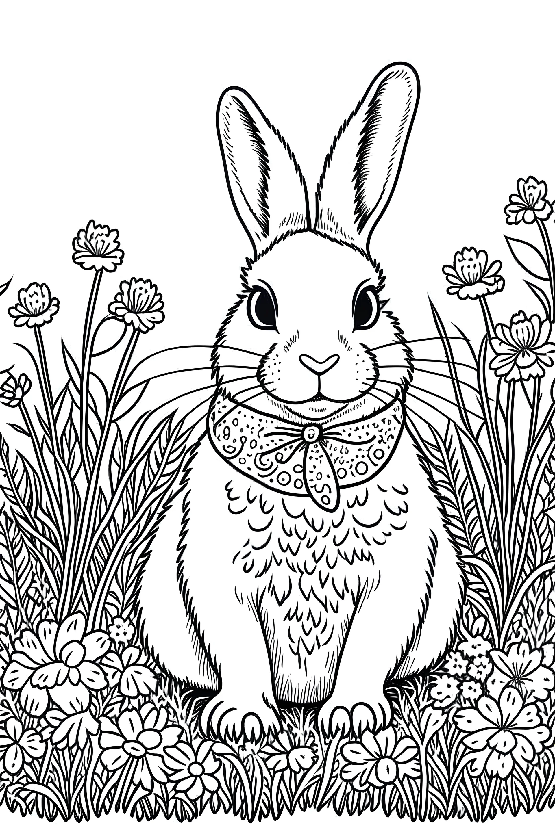 rabbit in the garden.centered flat minimalistic black and white high contrast line drawing, coloring book style, {prompt}, (white sky, white clouds,mandala style, white hair,white objects, white clothing, white fur, white skin, white terrain, white scales), blank white background.