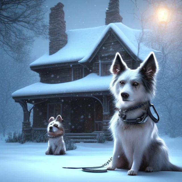 SAD, SCARED, LONELY DOG TIED on a leash outside in front of a house, WINTER, 8k resolution, high-quality, fine-detail, intricate, digital art, detailed matte, volumetric lighting, illustration, 3D octane render, brian froud, howard lyon, selina french, anna dittmann, annie stokes, lisa parker, greg rutowski