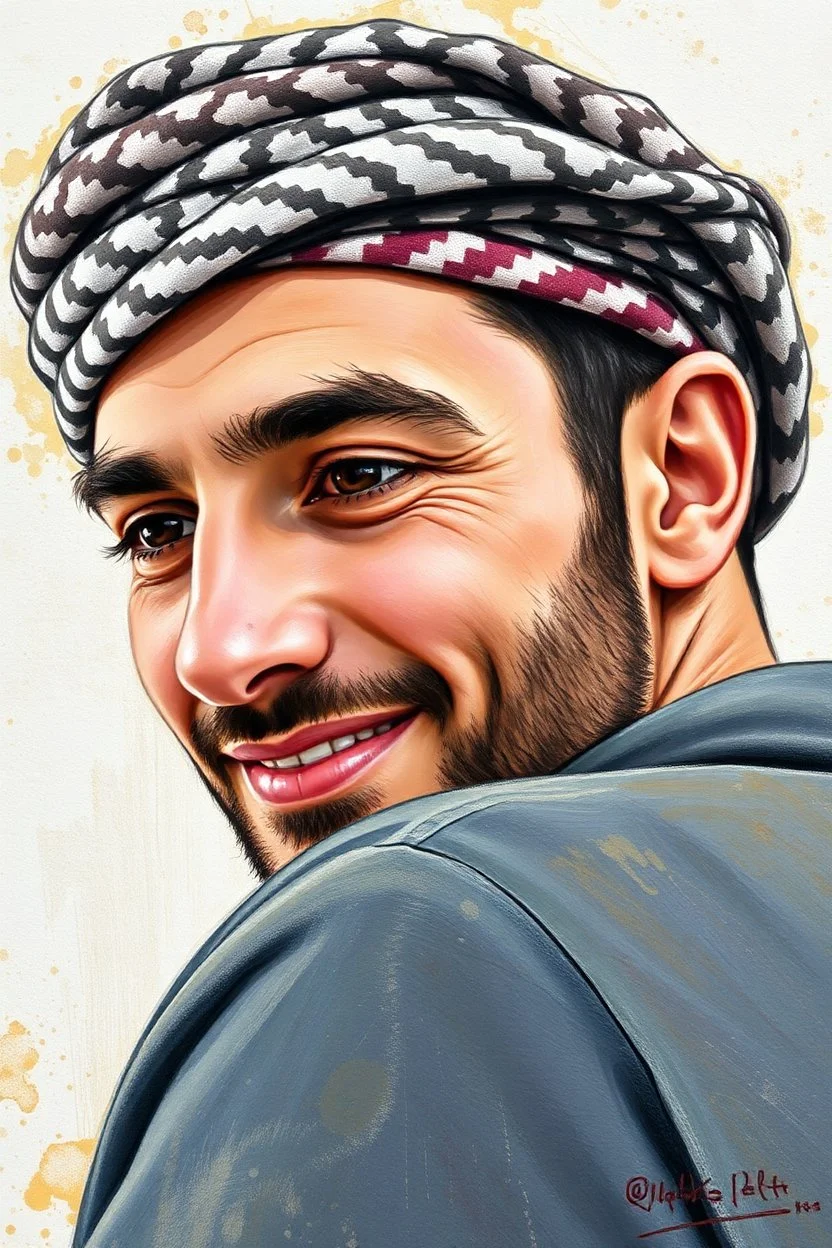 A young Palestinian man, forty years old, wearing a keffiyeh, has a beautiful face, turns his face to the right, has a slight smile, his mouth is closed and his teeth are not visible, his eyes are looking to the left, he appears to be drawn with oil paints