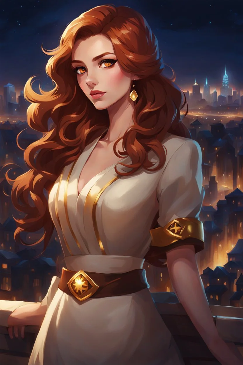 girl with long, wavy, auburn hair. With brown/gold eye color. Look towards the city at night. League of legends