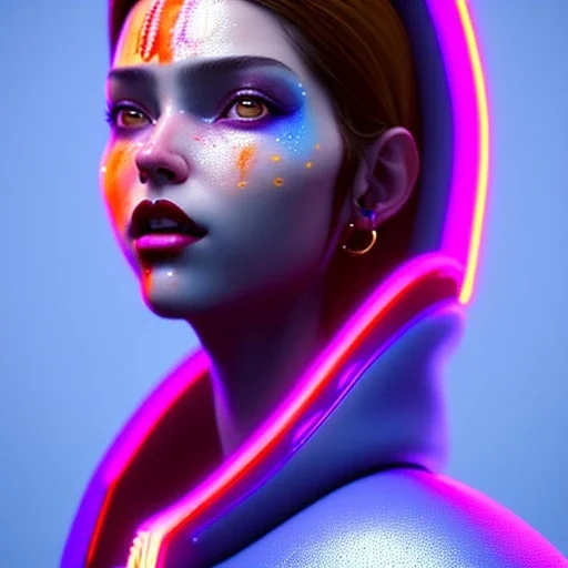 Spanish woman, painted face, rounded face, glow, trap style, red, blue, pink, cold, latex coat, leather, nose piercing, soft color, highly detailed, art stations, concept art, smooth, unreal engine 5, god rays, ray tracing, RTX, lumen lighting, ultra detail, volumetric lighting, 3d, finely drawn, high definition, high resolution, neon background.