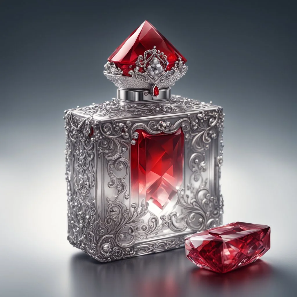 Silver rectangular perfume bottle with red crystal cap and small silver decorations. Illustrative art, art interpretation, concept art, cgsociety contest winner, seasonal art, seasonal art HD, 4k, 8k, intricate, detailed, intricately detailed, luminous, translucent fantasy crystal, holographic data, soft body, shadow play, light, fog, atmospheric, cinematic, light film, hyper-detailed, hyper-realistic, masterpiece, atmospheric, high resolution, 8k, HDR, 500px, mysterious and artistic digital art