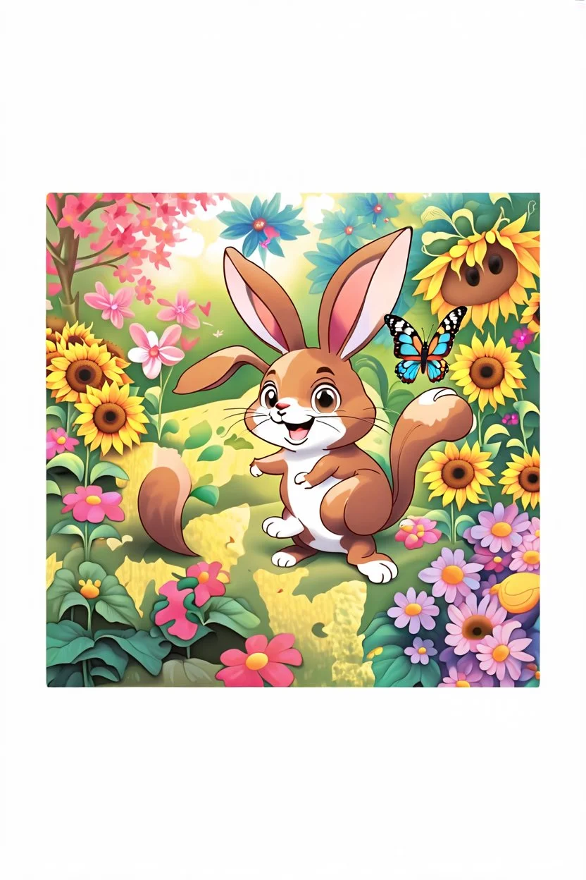 The cute bunny excitedly looks at a bright yellow sunflower in the colorful garden, the beautiful butterfly and the friendly brown squirrel are next to the bunny and smiling, child book illustration style, faces must be the same as reference image