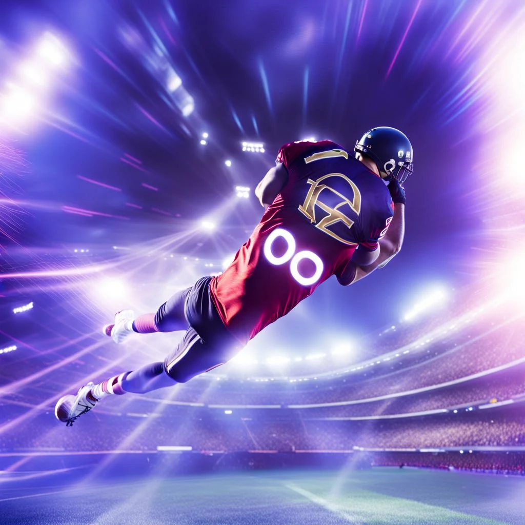 rounded infinity symbol ∞, on football players shirt, football player diving to score a touchdown, DSLR with a 80mm lens, set to f/16 and a slow shutter speed of 1/15s, striking, neon, vibrant, chiaroscuro, dramatic, captivating, high-tech, powerful, fantasy, beautiful, octane render, 16k post-production, artstation: award-winning: atmospheric: commanding: fantastical: clarity: ultra quality: striking: brilliance: stunning colors: amazing depth; lens: f/11, 35mm