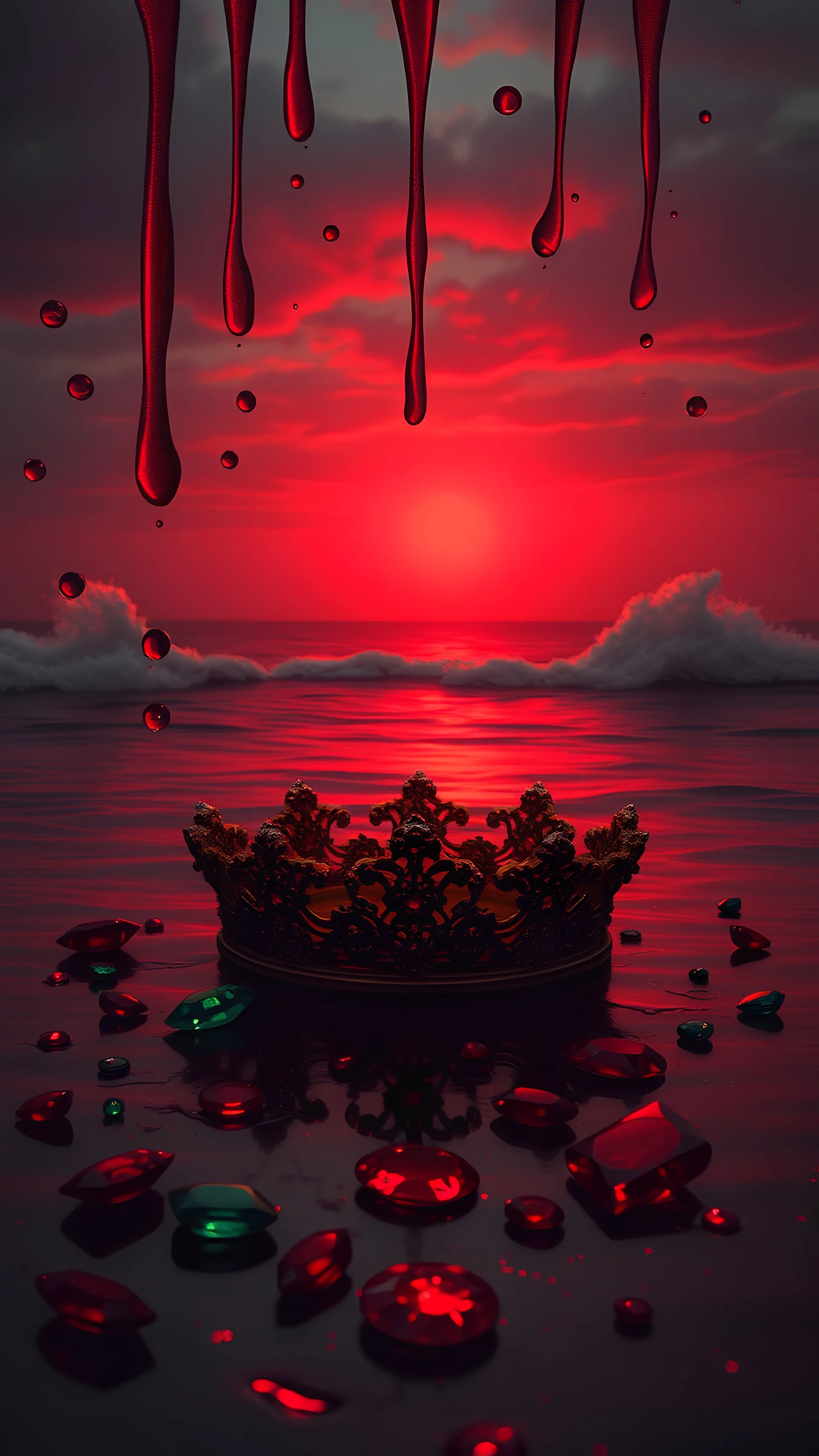 A surreal scene where tears are painted red, reflecting deep sorrow. A hidden crown of separation lies within. Emeralds, diamonds, and rubies symbolize once-beautiful hopes, now aching as they trickle down. In the distance, the sky is gradually being painted red, with waves waving goodbye, carrying the pain of separation across the sea. The scene is tinged with a deep crimson hue, representing the emotional turmoil, with an overall melancholic atmosphere.