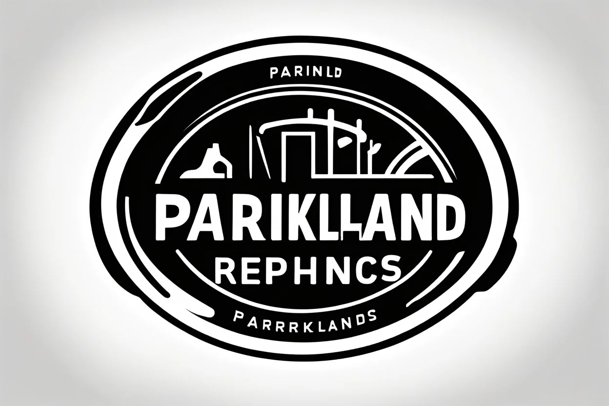 Simplified logo representing services of automobile repairs and tire changes and oil/filter changes, includes text "PARKLAND", black on white