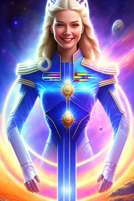 cosmic woman smile, admiral from the future, one fine whole face, crystalline skin, expressive blue eyes,rainbow, smiling lips, very nice smile, costume pleiadian, Beautiful tall woman pleiadian Galactic commander, ship, perfect datailed golden galactic suit, high rank, long blond hair, hand whit five perfect detailed finger, amazing big blue eyes, smilling mouth, high drfinition lips, cosmic happiness, bright colors, blue, pink, gold, jewels, realist, high commander