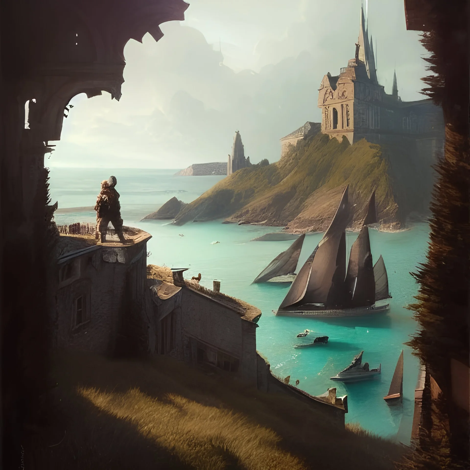 Skyline,Hill Harbour, sea, European Metropolis with Beaux Art architecture,detailed Facade, uphill Road,streets with trees,Human scaled City,Bueno Aires,greg rutkowski, matte painting, street photography, hyper detailed, felix kelly, Jean Baptiste Monge, architecture croquis drawing