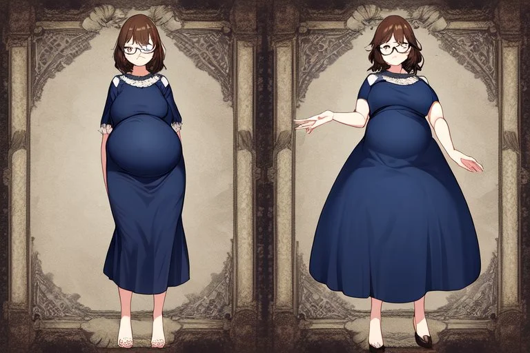 full body of a brown haired anime manga pregnant girl in dark blue dress with eyeglasses