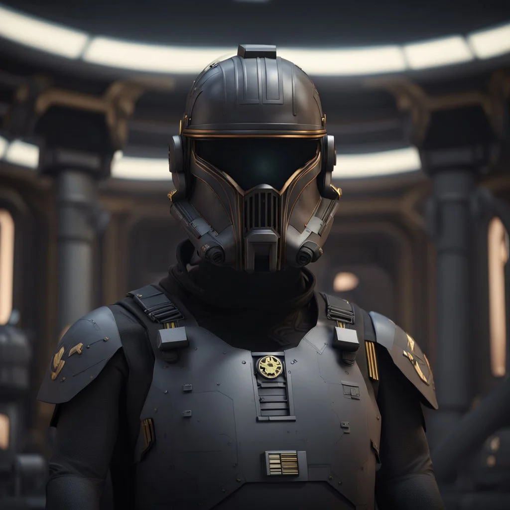 star wars bald male corellian pilot wearing dark gunmetal grey and black First Order special forces TIE pilot armored flightsuit and helmet with gold trim inside the jedi temple, centered head and shoulders portrait, hyperdetailed, dynamic lighting, hyperdetailed background, 8k resolution, volumetric lighting, light skin, fully symmetric details