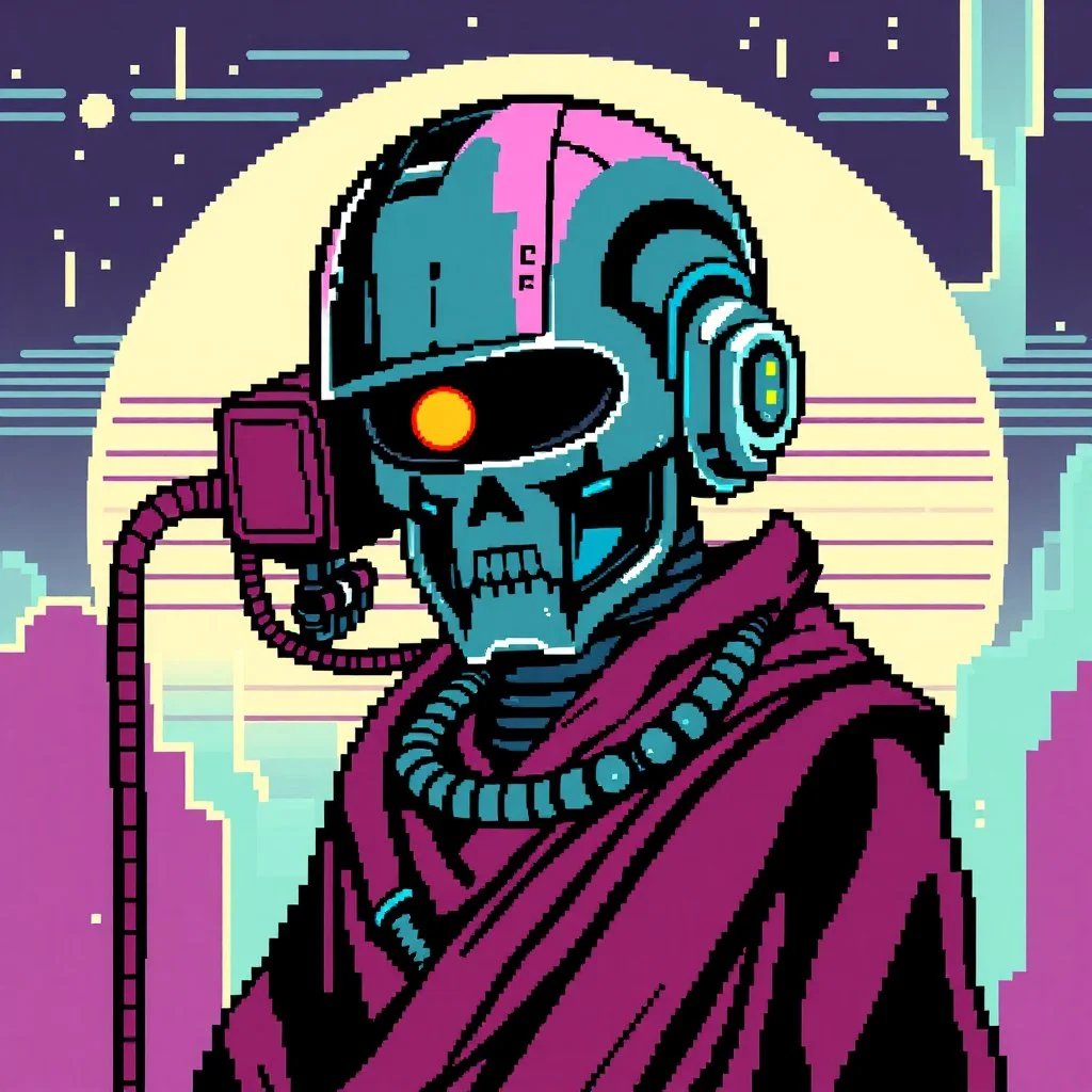 8 bit pixelart of a terminator like robot, synthwave colored, vaporware, budist monk robe