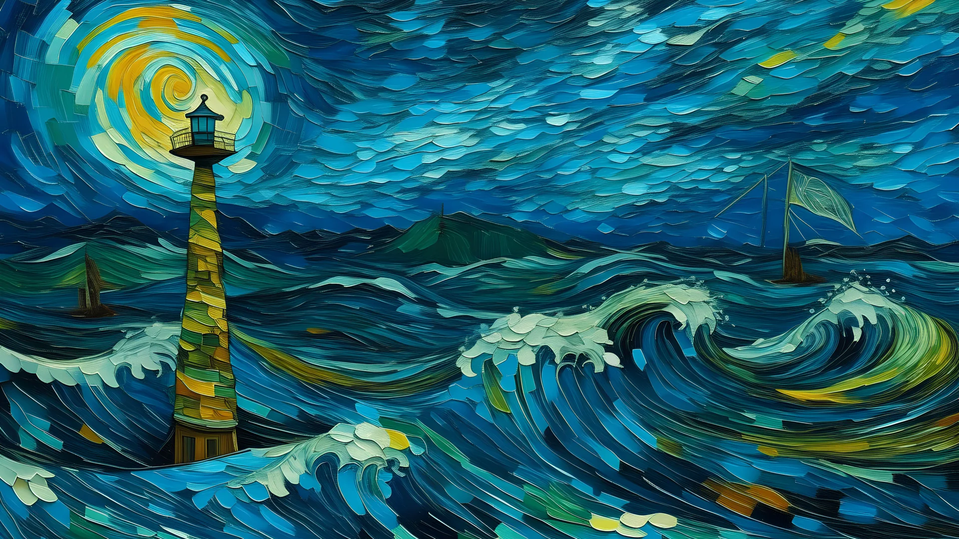 wind turbines fighting with waves with a theme of Van Gogh’s starry night