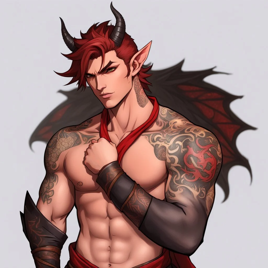 A Young Adult Male. A unique blend of Wood Elf and Red Tiefling features. His handsome face contrasts with the Yakuza dragon tattoos that completly cover his back, arms, and legs. He is wearing a torn coat. A physique that is strong and well-built, resembling a Fighter.