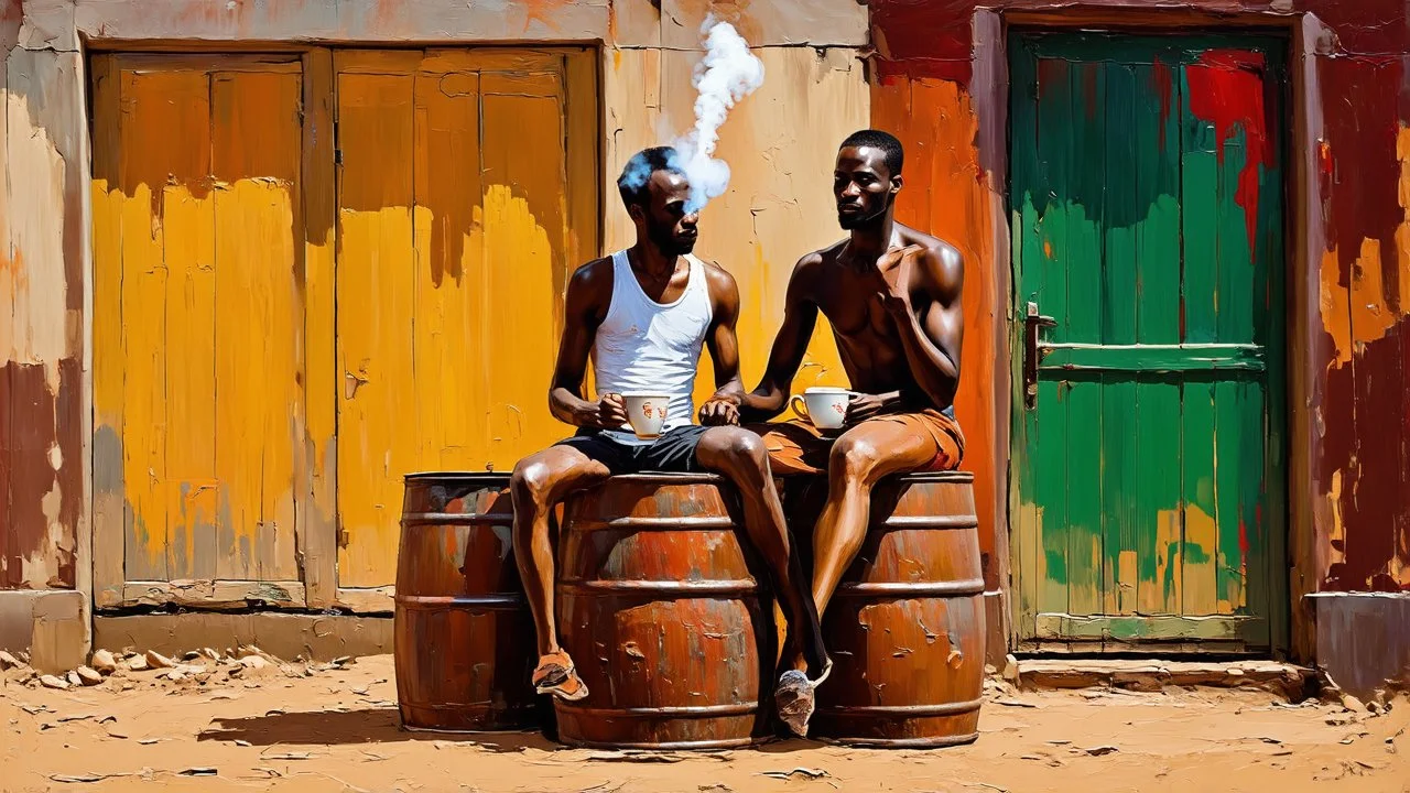 minimalist acrylic impasto painting of two skinny tall black Somali neighbors sitting on rusty oil barrels drinking steaming coffee, wide angle, dusty heat, tribal vibe, amazing verticals, great parallels, warm shades of yellow, orange, green and black with sparse deep red leaks, afrofuturism, rusty village decay, arafed doors