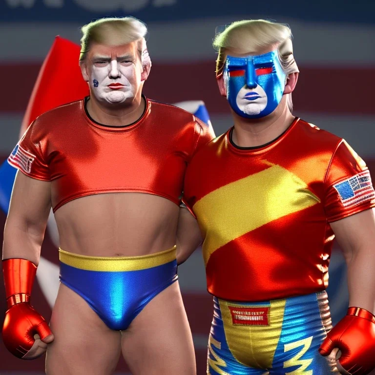 Realistic image of Donald trump wrestler, Mexican wrestling style, Mexican eyes wrestling mask, red and blue breeches, glow us flag dress, suspenders, retro style, 80s, vibrant color, highly detailed, sky background, concept art, unreal engine 5, god rays, ray tracing, RTX, lumen lighting, ultra detail, volumetric lighting, 3d, finely drawn, high definition, high resolution.