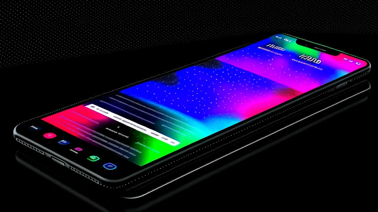 a 3d colorful website flowing out of a photo realistic iphone 14 screen, left side perspective, dark ambience