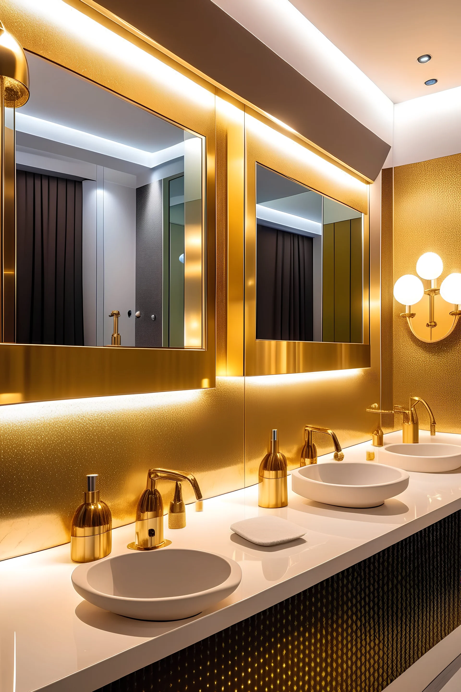 Women's bathroom, beautiful and tidy, with simple golden lighting