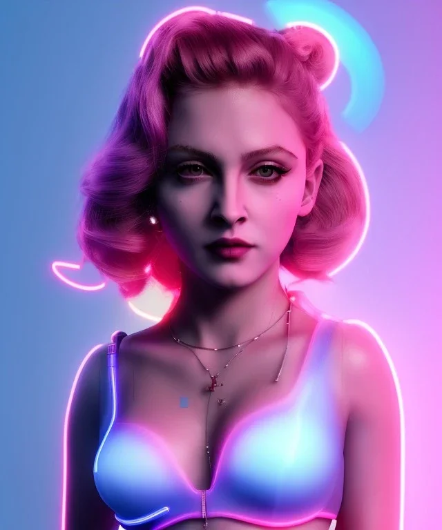 Artist, young madonna, android woman, glow iris, sweet, blonde, white skin, long eyeliner, pink cheeks, purpurin make up, glossy lips, color leds lights, cables, short hair, circuits, cyberpunk, latex coat, cyber punk, neon, portrait, studio photo, unreal engine 5, soft color, 16 bit, god lights, ray tracing, RTX, lumen lighting, ultra deatail, volumetric lighting, 3d, finely drawn, hd.