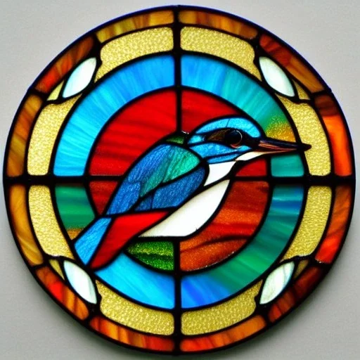 round coaster of kingfisher with stained glass window effect, highly detailed, intricate, warm colors, stained glass window, glossy from rain, warm lighting