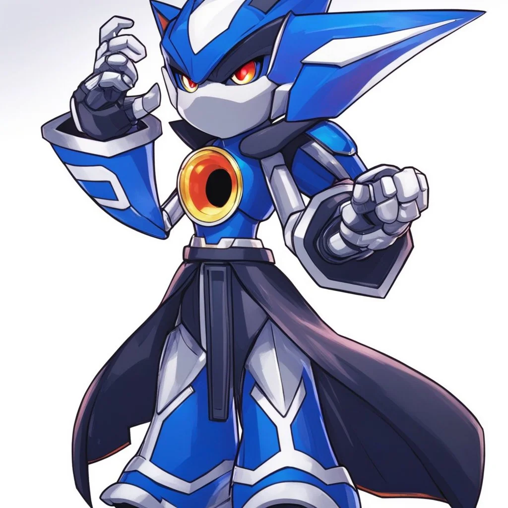 A sleek robotic warrior blending MegaMan Zero. The design features Zero's RED color scheme, with gold accents on shoulders, chest, and gauntlets, plus white highlights on the limbs. The aerodynamic body combines Neo Metal Sonic's sharp, angular edges with Zero's humanoid proportions. A glowing green plasma saber is held in one hand, while an energy cannon adorns the other. The helmet merges Zero’s crest and gem centerpiece with Neo Metal Sonic's spiked crown.