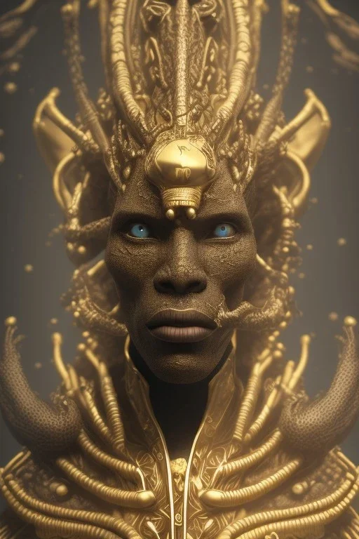 black male African Egyptian alien, cracks in the voodoo head, wicked, diamond eyes, crown, blood, 8k, finely detailed, photo realistic, leopard robe turquoise skull head gold dragon space alien rain skeleton gold teeth silver crown silver space suit spaceships