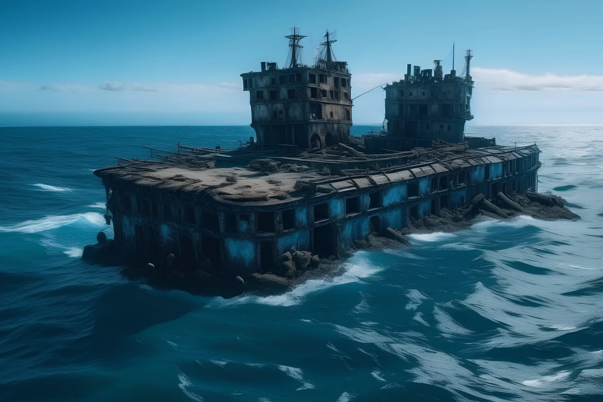 fortress made from broken ships in the middle of the ocean