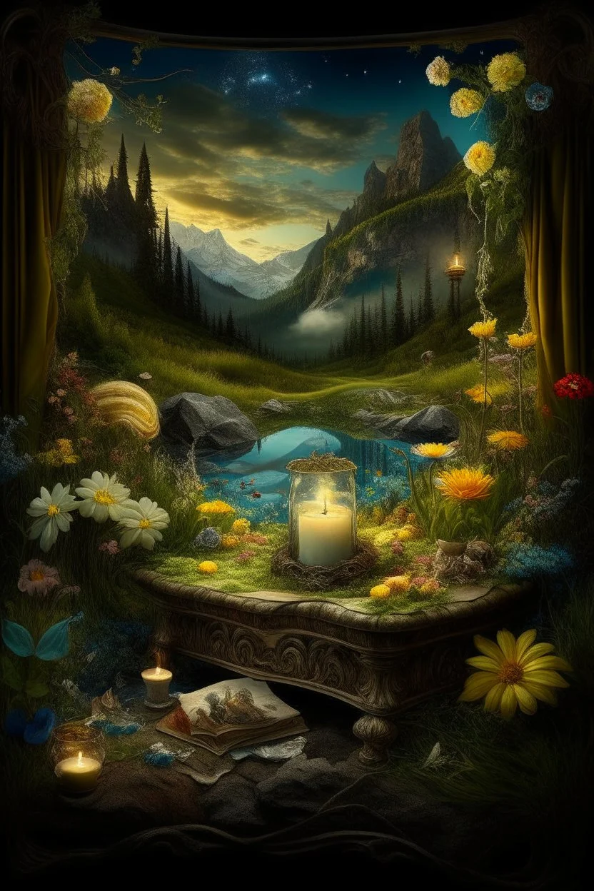 Hyperrealism against the background of a spring landscape in the forest +mirror with a tsunami whirlpool +mountains +ritual +candles+dried flowers+wildflowers+moss++decoupage of flowers+embroidery technique+braided beads+vine+moonlit night,fabulous landscape,surrealism,realism,naturalism,dot technique,microdetalization,high detail objects,digital illustration,volumetric clarity,dark fantasy,dark botanical, professional photo