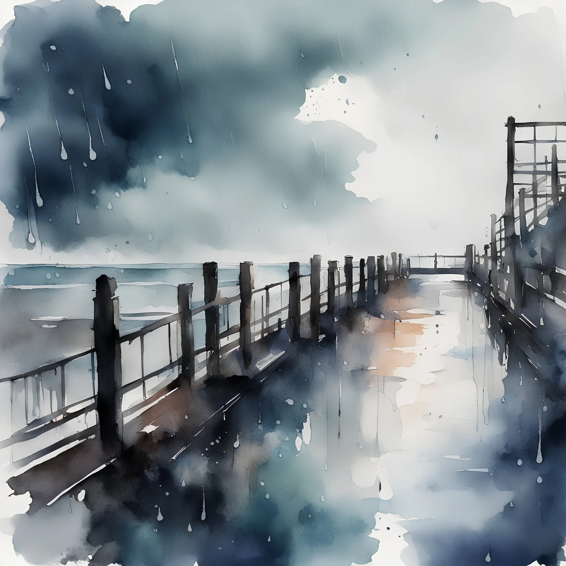 Rainy day scene at a pier, by Heidi Swapp, mind-bending watercolor illustration; moody, cool colors, raining, wet surfaces, N(t)=N0​⋅e−kt