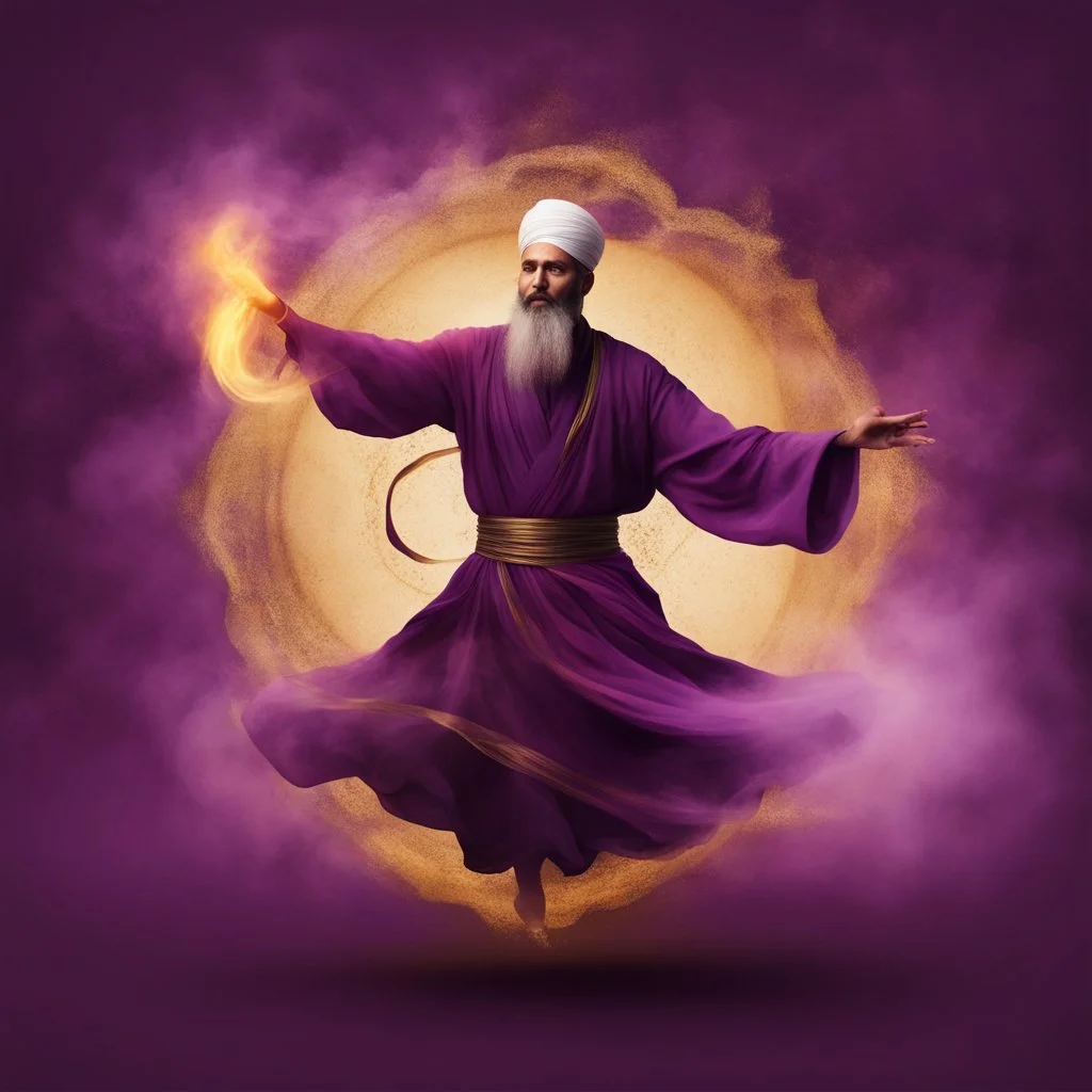 Hyper Realistic Sufi Whirling with Purple & Golden Flame, Islamic Sufi Rustic Grungy Maroon Background with fog around at night