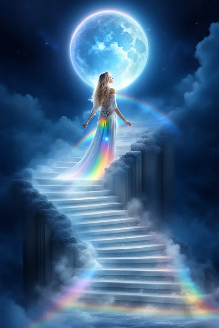 fantastic,Beautiful woman, stairway to heaven whit rainbow, ufos