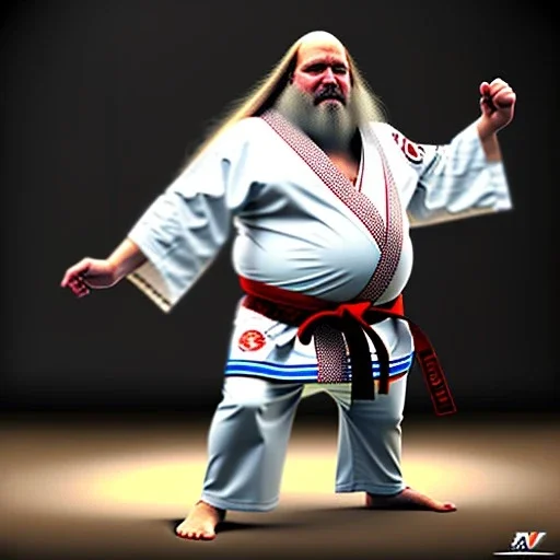 Homme gros ventre en kimono karate, barbe, long cheveux, chigon, dojo, coup de pied