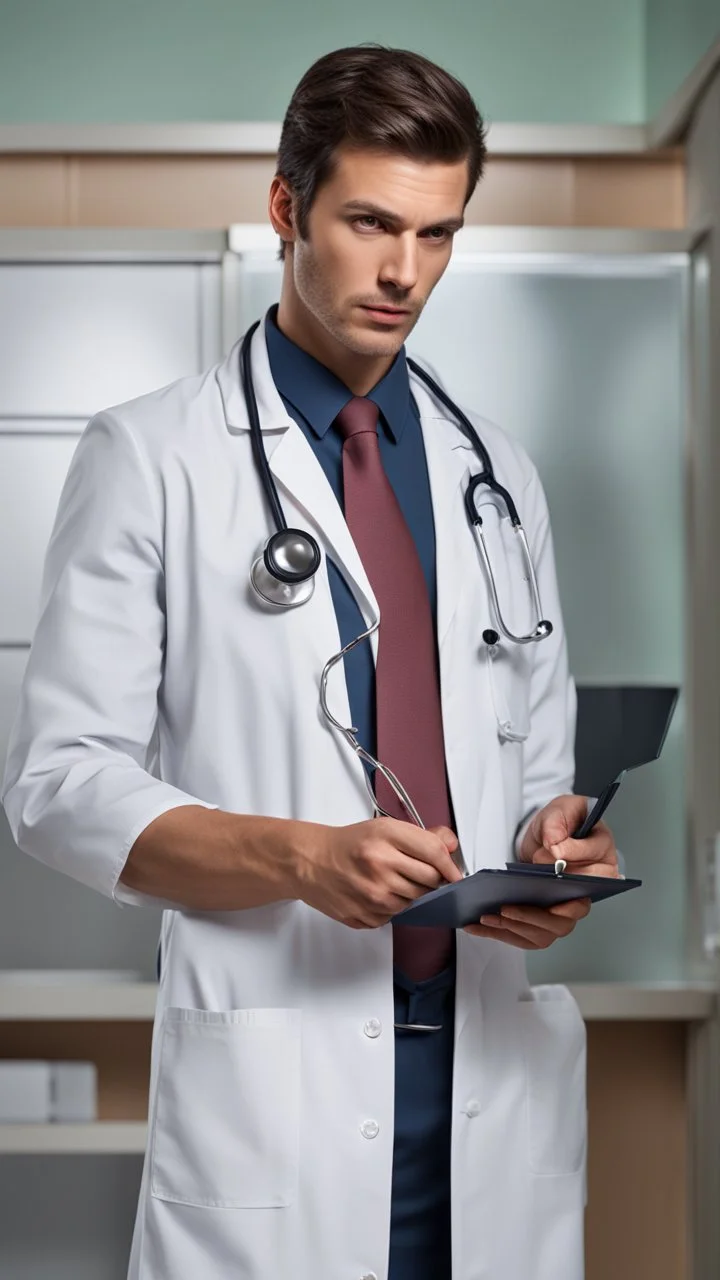 photorealistic hyperdetailed portait of a young doctor holding a clipboard and frowning