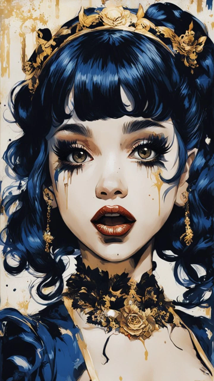 Poster in two gradually, a one side malevolent goth vampire girl face and other side the Singer Melanie Martinez face, full body, painting by Yoji Shinkawa, darkblue and gold tones,