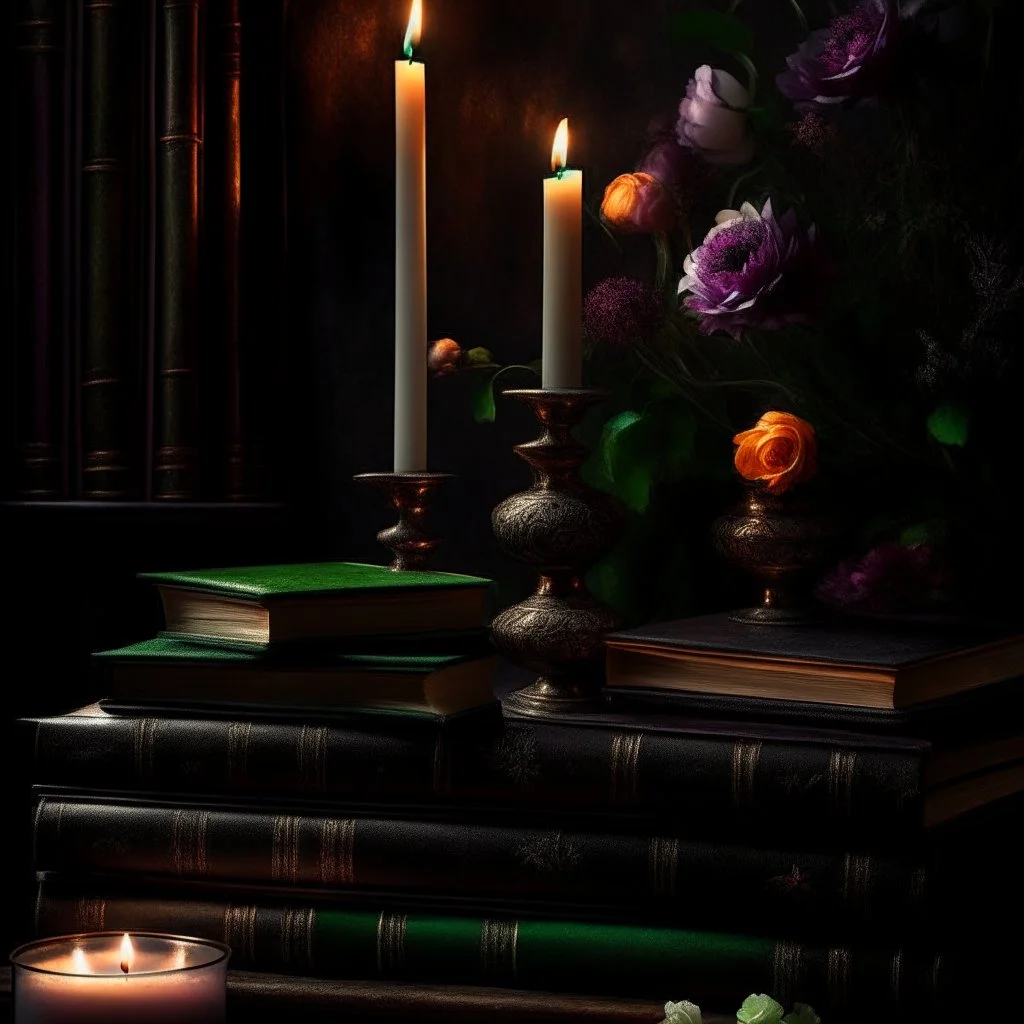 rave on books with flowers and lit candles dark moody art with browns green earthy tones, deep purples, hyper realistic maximalist concept art