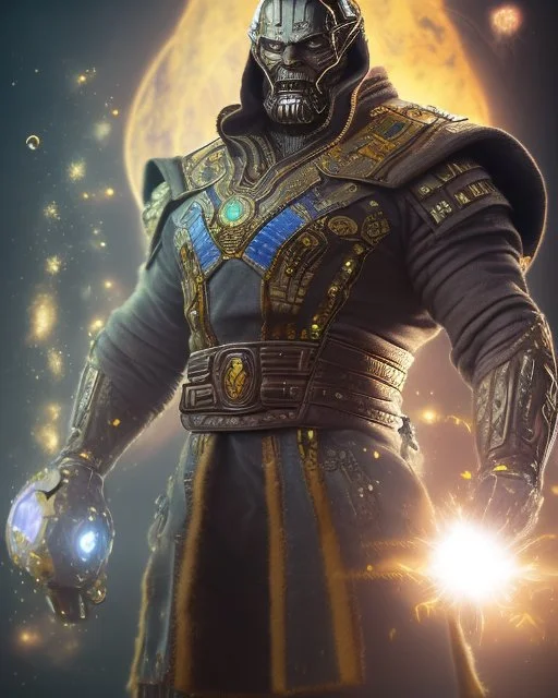 An armor made of a mixture of steel and leather, worn by a strong commander with magical power K's infinity gauntlet has six infinity stones While standing on a majestic height from afar A flaming-eyed commander with flaming light blue pupils stands atop a squire