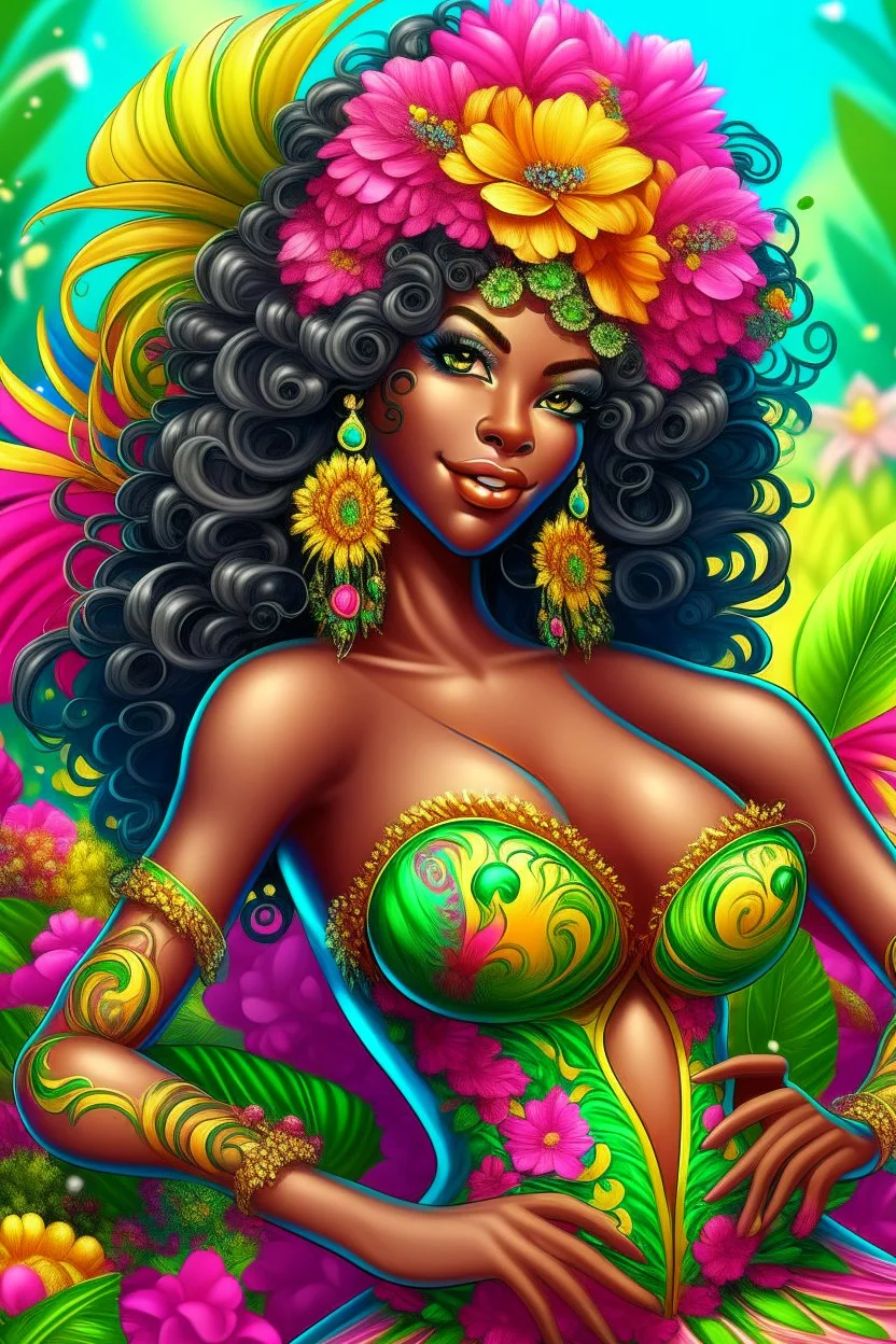 Create a digital airbrush cartoon of a curvy African American female wearing Brazilian carnaval outfit outfit that's pink, green and white. Prominent make up with hazel eyes. Highly detailed very long extremely curly black hair. Her skin is smooth and silky. Background of a judge full of colorful flowers