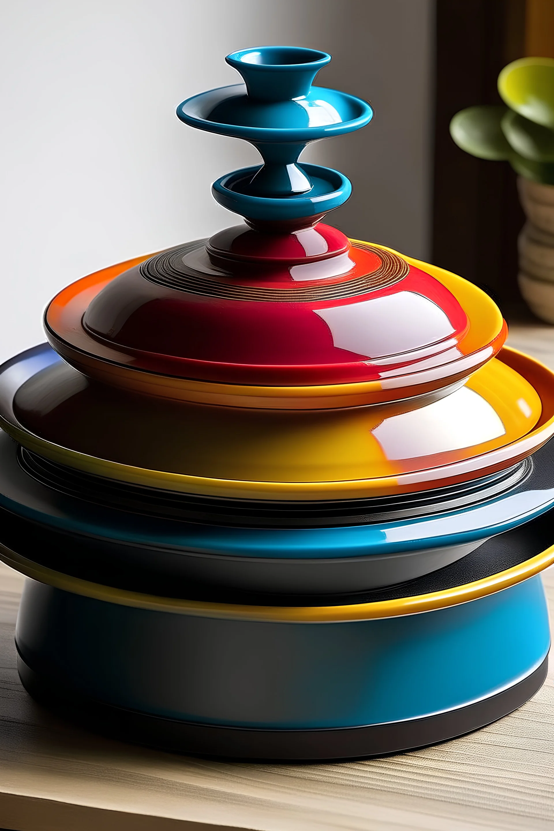 crea un tajine doppio uno sopra l'altro in ghisa colorata smaltata di design semplice ed essenziale, less is more forma deve essere conica