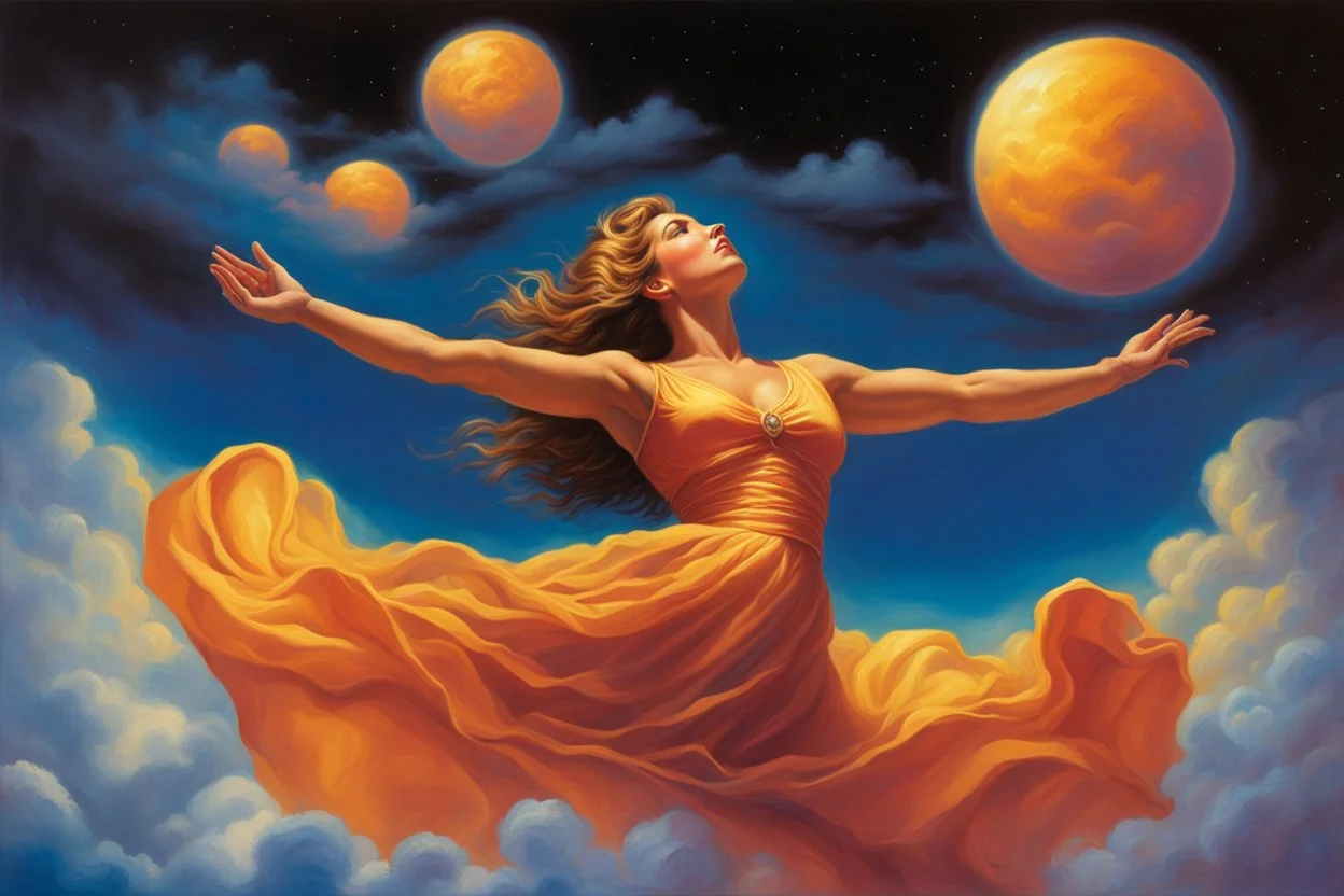 A woman having a beautiful dream floating on a cloud painted by Jeff Easley. concept art, mid shot, intricately detailed, color depth, dramatic, 2/3 face angle, side light, colorful background