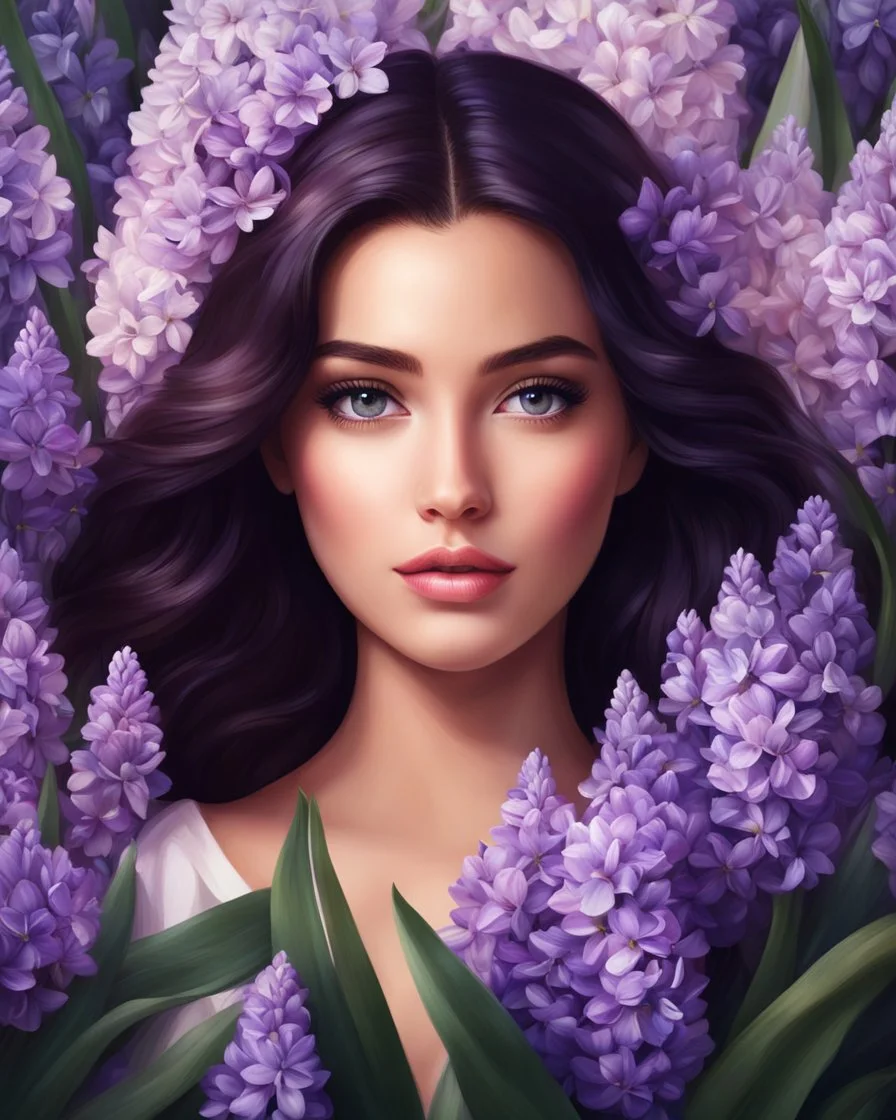 Medium view of a beautiful girl standing surrounded by full of hyacinth flowers, beautiful face, dark hair, shining eyes, digital painting style, high quality, 4k