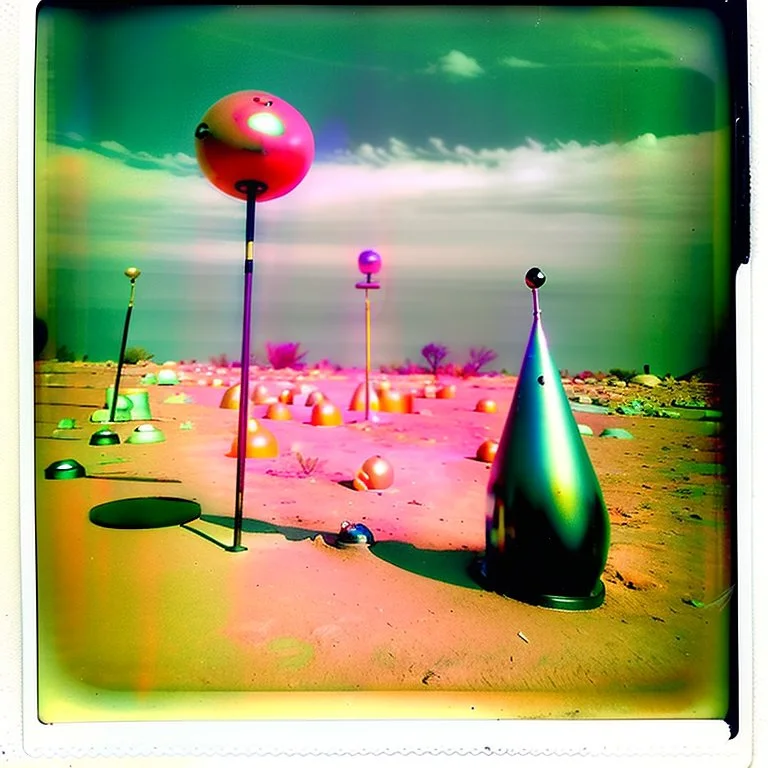 Odd spindle-shaped objects scattered over an arid surface, nothingness, polaroid, in Yves Tanguy style