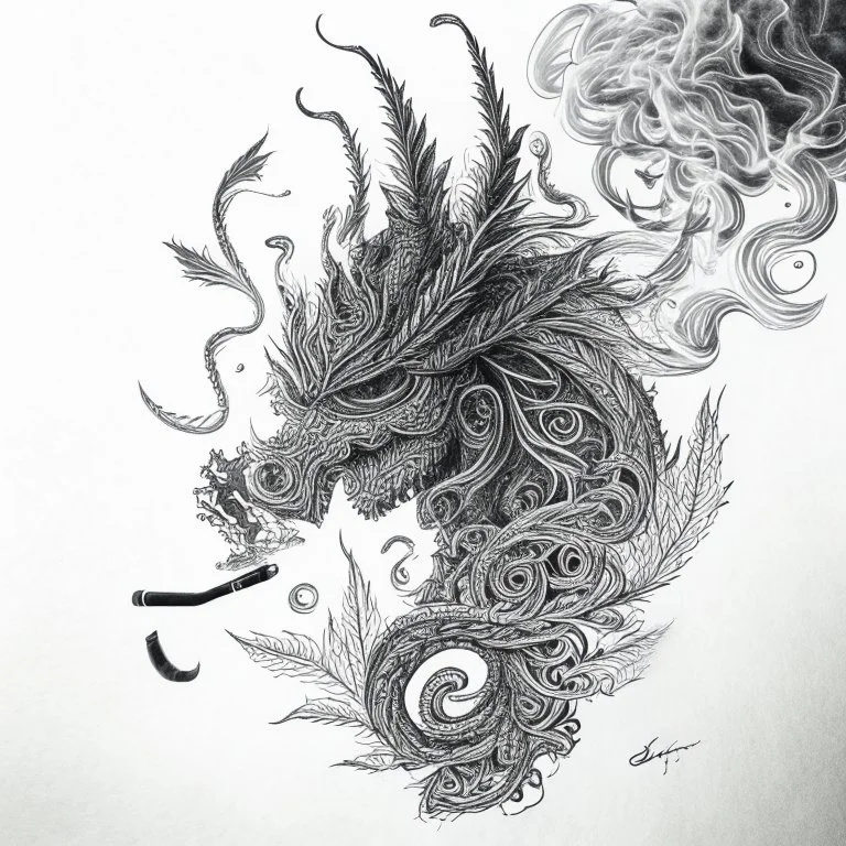 Pencil Sketch a composition where smoke transforms into a mythical creature, intertwining with intricate patterns formed by crushed weed leaves, creating a visually captivating and balanced artwork.