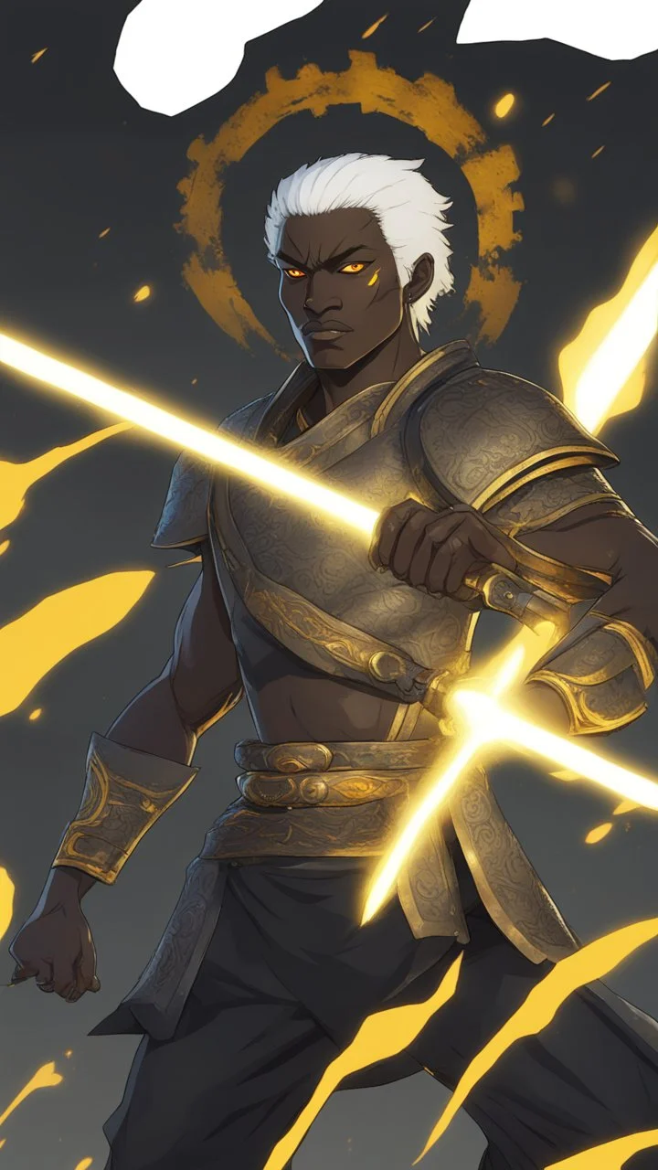 A black-skinned martial arts warrior with white hair and yellow glowing eyes