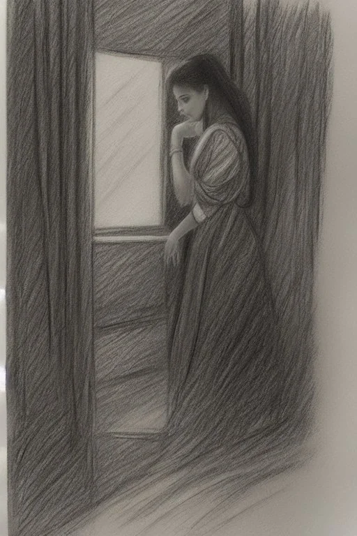 Pencil sketch of Young woman look through the window , Arab features,sad, long wavy hair, full body، on lined paper