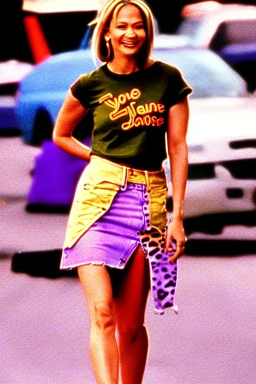 year 1996 denim fashion. Loose skirt, low waist. Combat t-shirt. Colors: denim blue, blue, purple, cream, khaki, light green, lilac, plum, orange, terracotta, red, light yellow, pink, dark blue, beige. Latex in small part. Something between camouflage and cheetah prints.. bridget jones and jennifer lopez