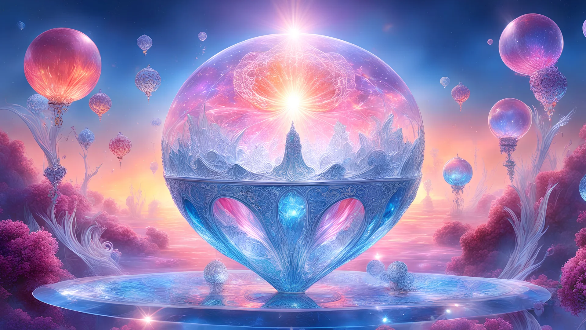 aetheric, enlighted cosmic harmonious vessels, floating in de air, (anti-gravitational1.8), sunset midday, luminous, made of glass and crystals, ethereal fairies, intricate, highly detailed, subtil, pastel blue and rose colours, splash of white light, intricate and detailed, 8K, ultra-detailed, sharp focus,