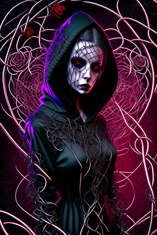 a beautiful and mysterious gothic woman entangled in wire and roses, hoody, dark and gothic lighting, ultra realistic and highly detailed, explosive background, epic, striking messy art style, cracked sealant surface and heavy textures , extremely beautiful