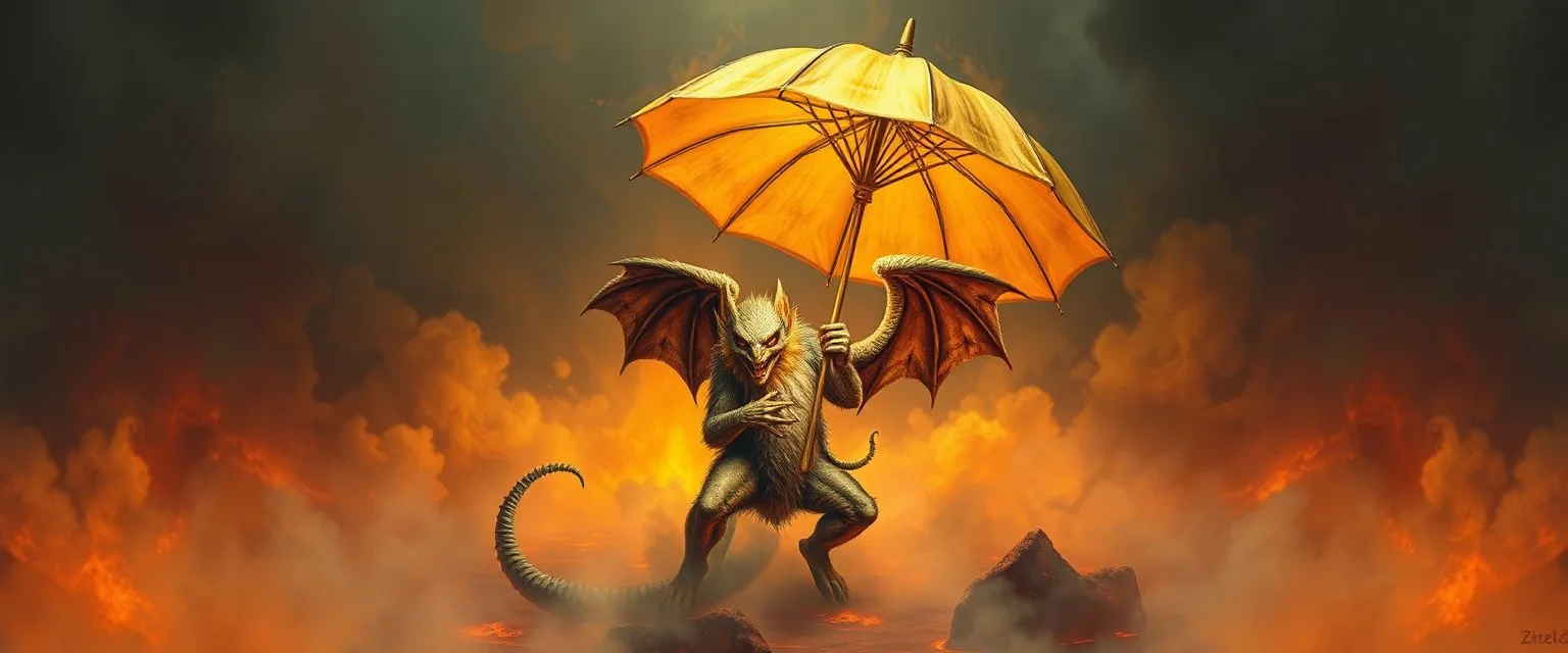 smite by god was the evil furry goblin gremlin winged serpent man holding a golden umbrella in a pool of smoke and lava in the style of Escher and Giger.