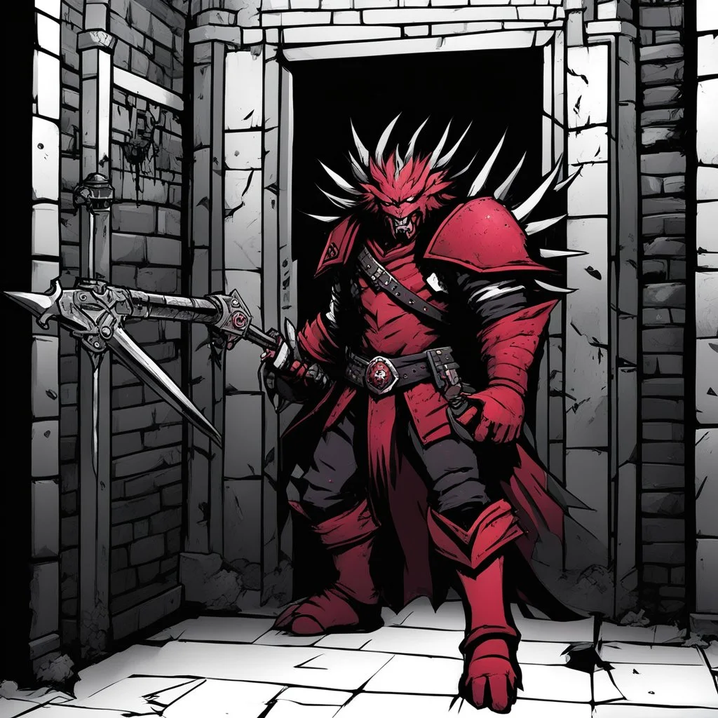 [wii No More Heroes style with thick lines] Now he knew why Tarascus had come so subtly to his door, and later had fled so swiftly. The king had unlocked his door, and, somewhere in these hellish pits, had opened a cell or cage that held some grim monstrosity. Now the thing was emerging from the cell and was again advancing up the corridor, its misshapen head close to the ground