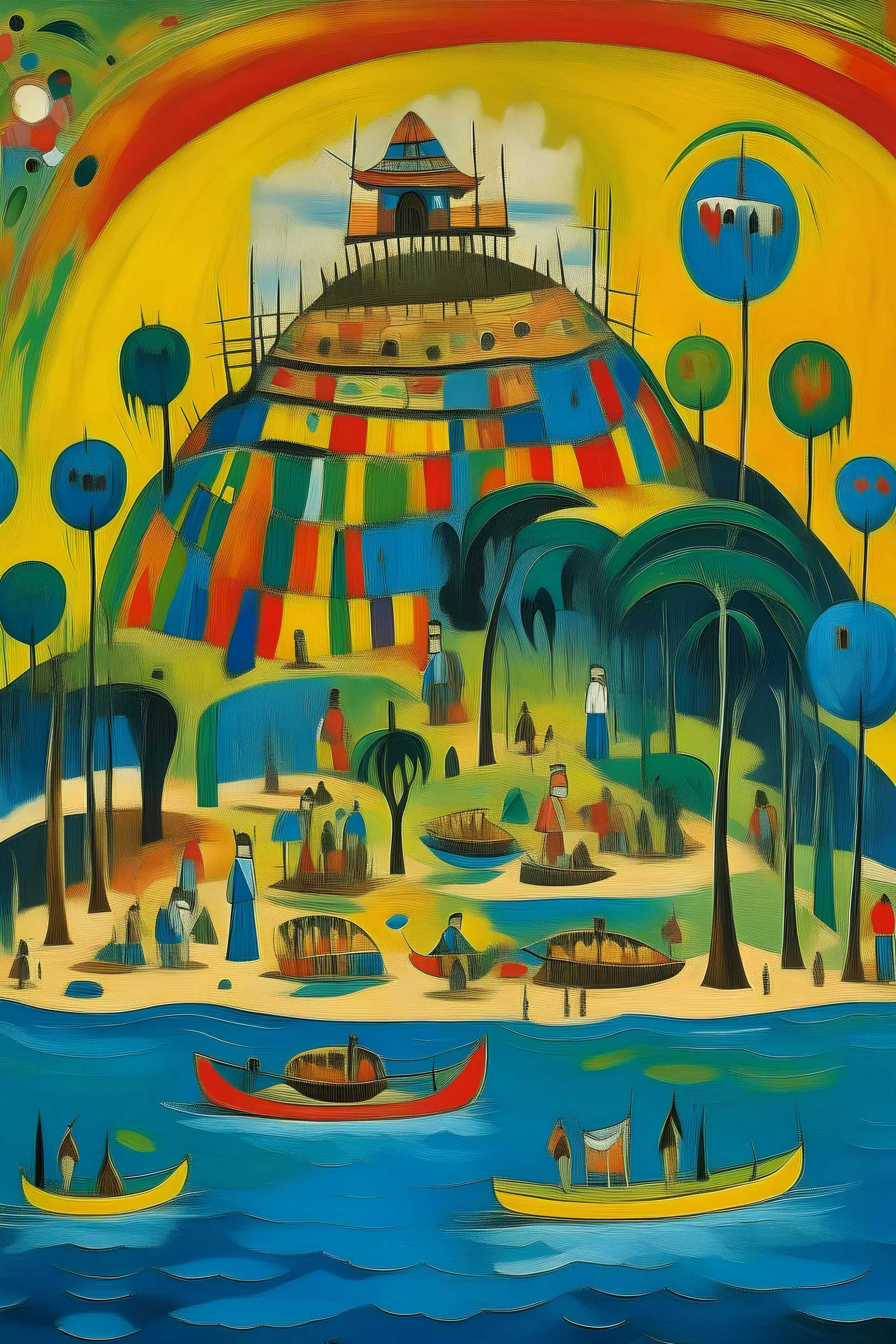 An island filled with tikis painted by Wassily Kandinsky